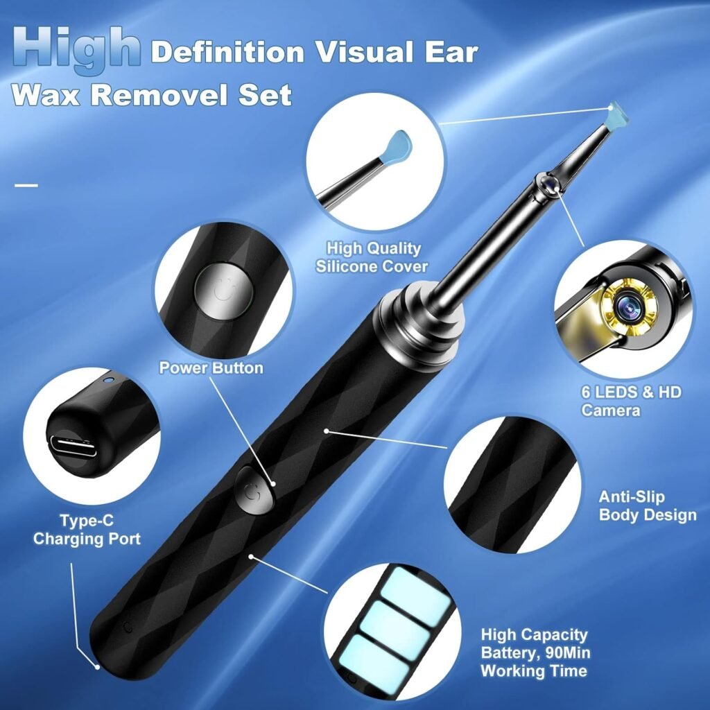High-Definition Ear Wax Removal, Wireless Ear Cleaner, Safe and Gentle Ear Wax Removal Kit, Otoscope with Light, Rechargeable Ear Cleaner with Camera and Light, Ear Cleaning Kit for Android and iOS