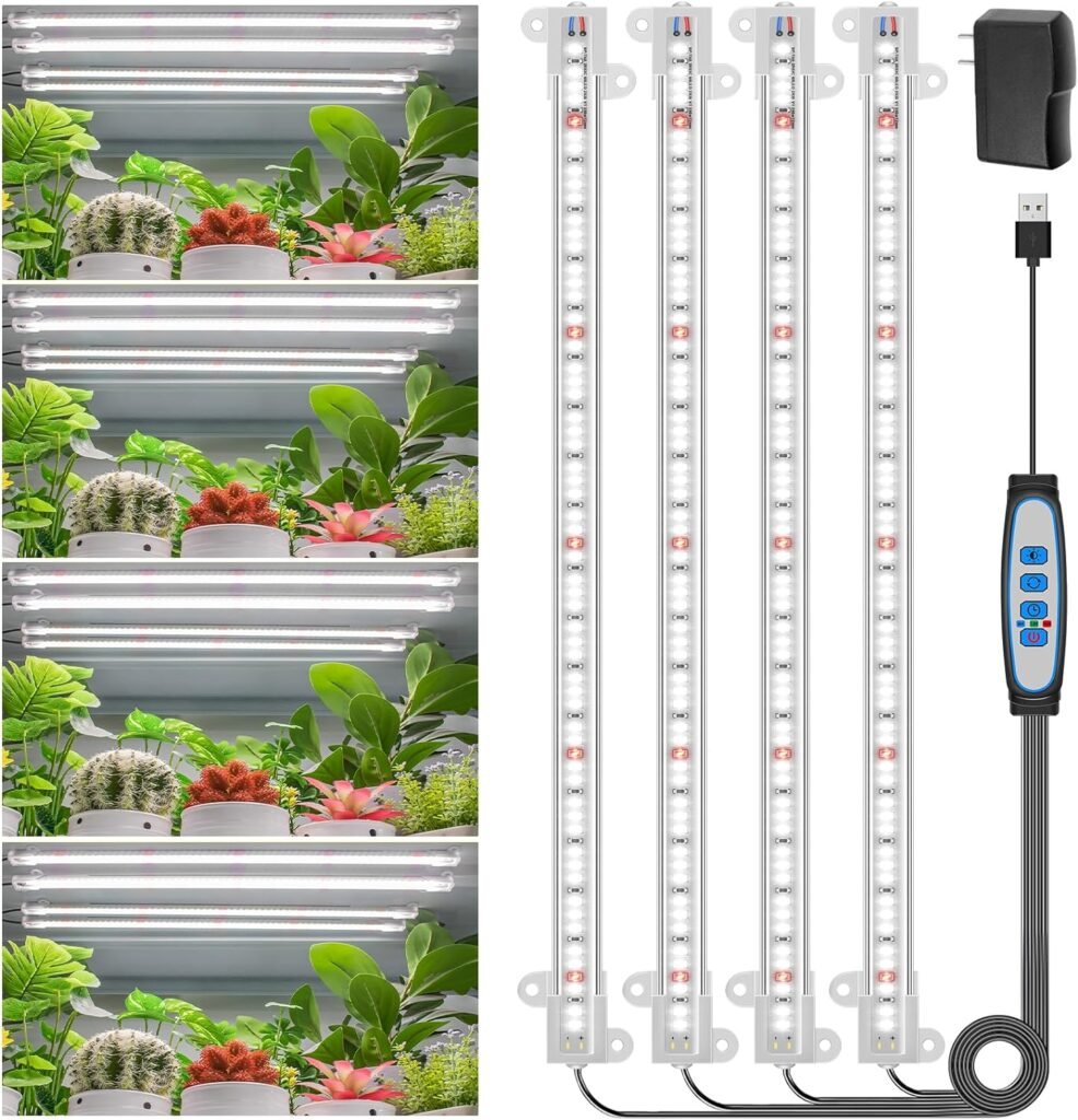 Wiaxulay LED Plant Grow Light Strips, 6000K Full Spectrum Grow Lights for Indoor Plants, Sunlike Growing Lamp with 6/12/16H Timer, 5 Dimmable Levels for Hydroponics Succulent, Plant Shelf, 2 Packs